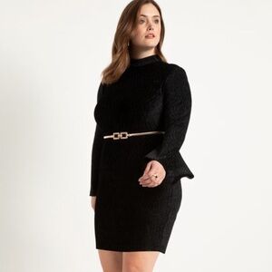 NWT Eloquii Flare Sleeve Textured Velvet Mini Dress in Black
